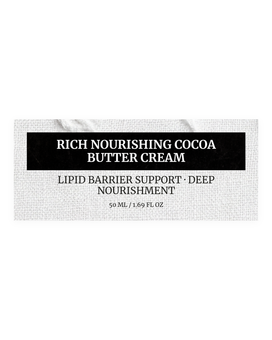 RICH NOURISHING COCOA BUTTER CREAM product label, lipid barrier support, deep nourishment, 50 ml / 1.69 fl oz