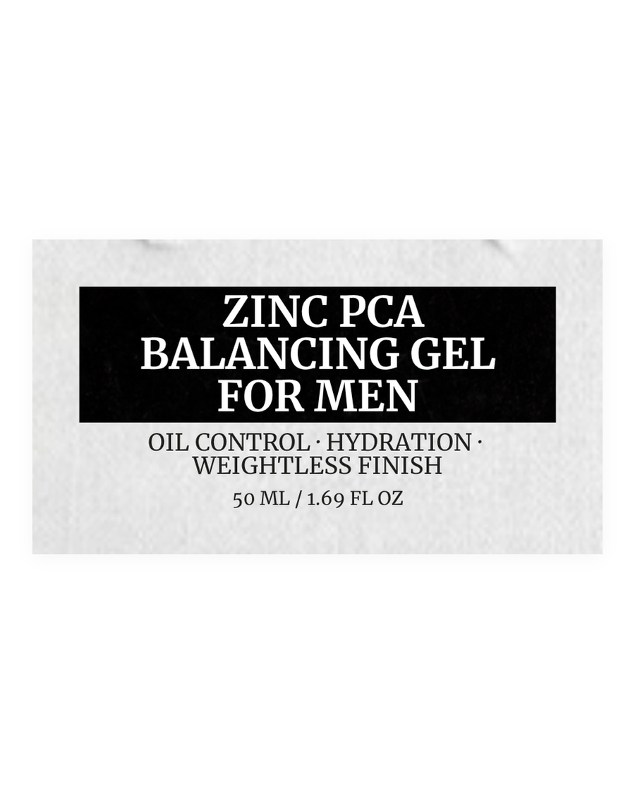 ZINC PCA BALANCING GEL FOR MEN product label, oil control, hydration, weightless finish, 50 ml / 1.69 fl oz
