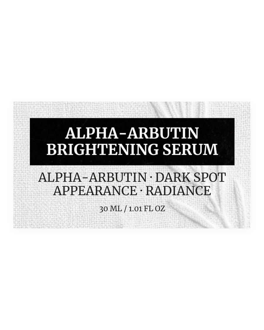 ALPHA-ARBUTIN BRIGHTENING SERUM product label, alpha-arbutin, dark spot appearance, radiance, 30 ml / 1.01 fl oz