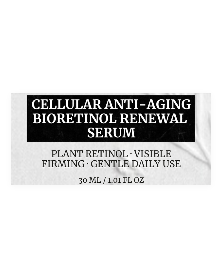 CELLULAR ANTI-AGING BIORETINOL SERUM product label, plant retinol, visible firming, gentle daily use, 30 ml / 1.01 fl oz
