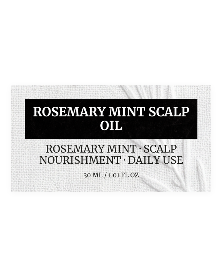 ROSEMARY MINT SCALP OIL product label, rosemary mint, scalp nourishment, daily use, 30 ml / 1.01 fl oz