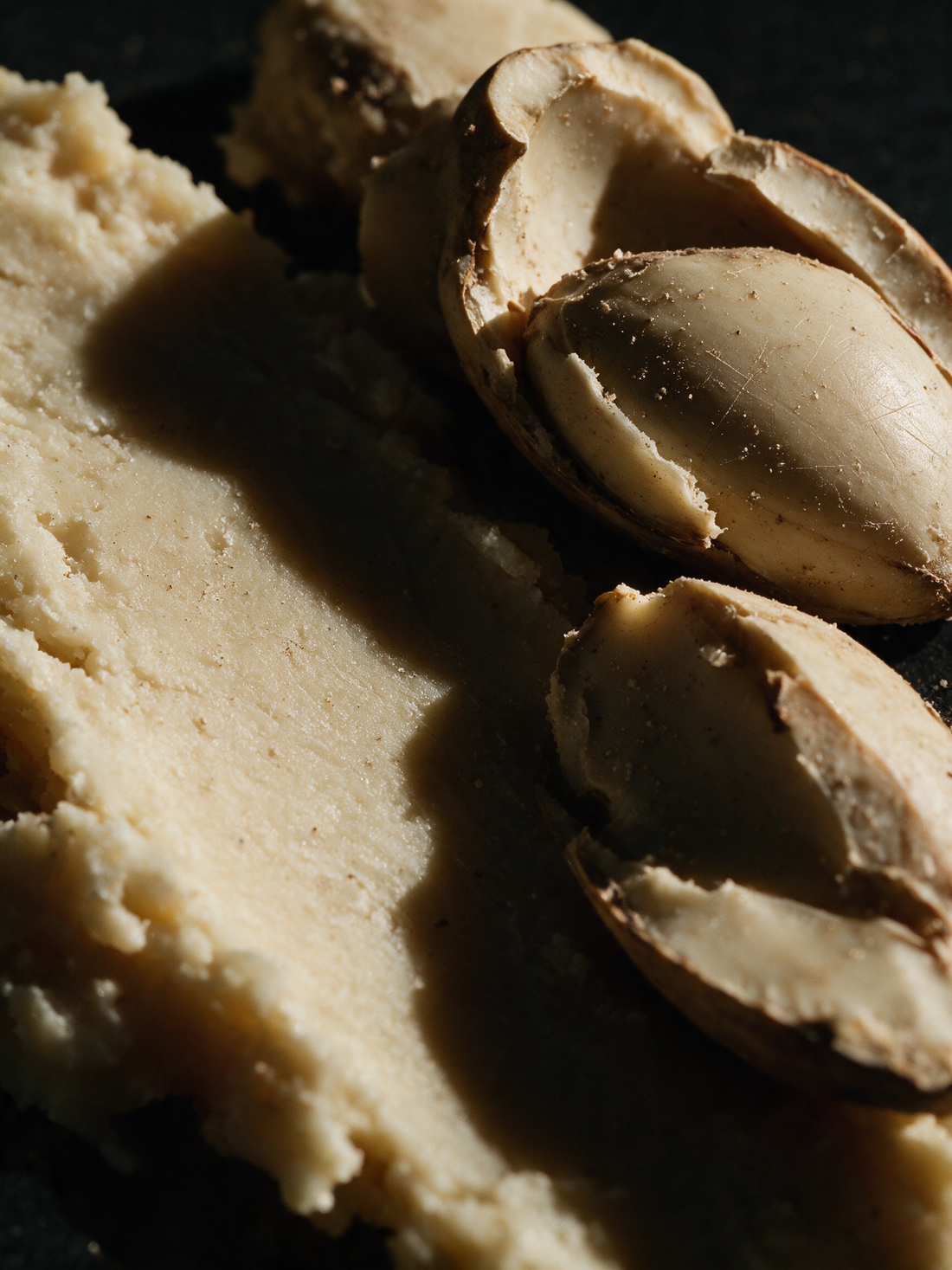 Shea nuts cracked open beside raw unrefined shea butter