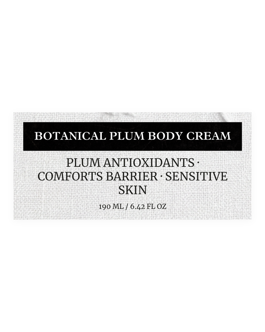 BOTANICAL PLUM BODY CREAM product label, plum antioxidants, comforts barrier, sensitive skin, 190 ml / 6.42 fl oz