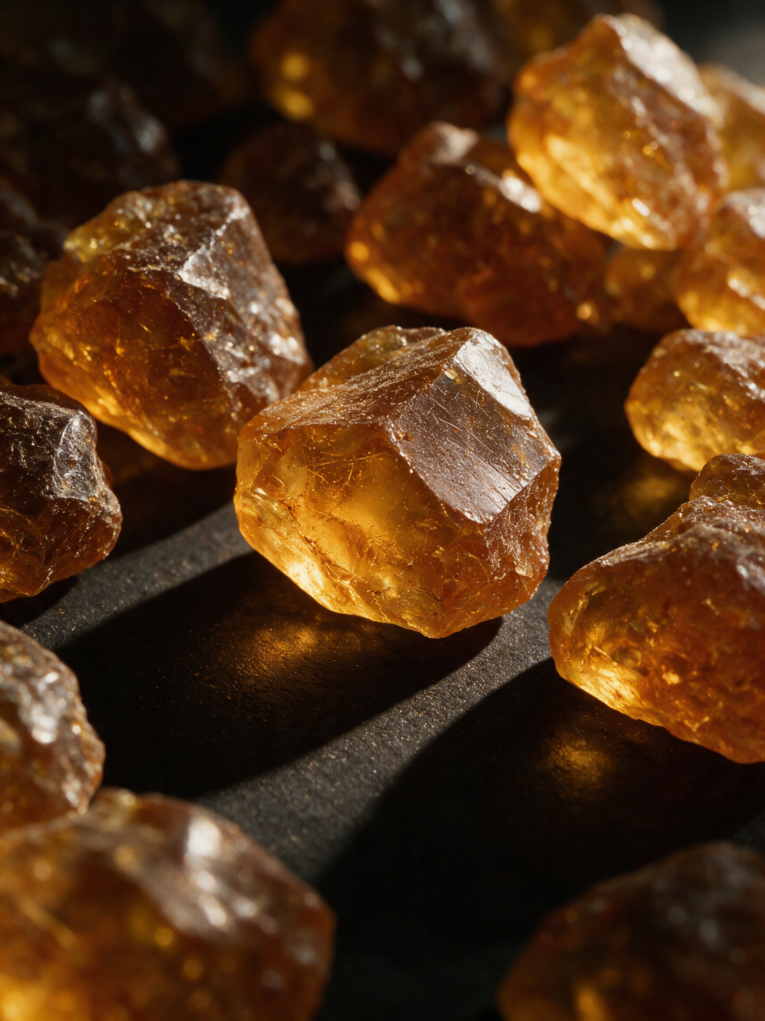 Acacia gum resin, translucent amber nuggets with fractured faces