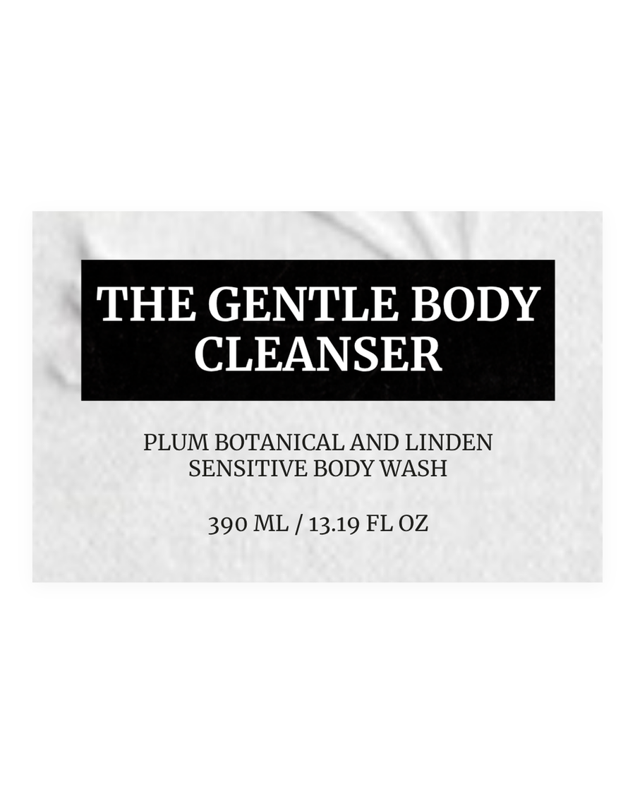 THE GENTLE BODY CLEANSER product label, plum botanical, linden, sensitive body wash, 390 ml / 13.19 fl oz