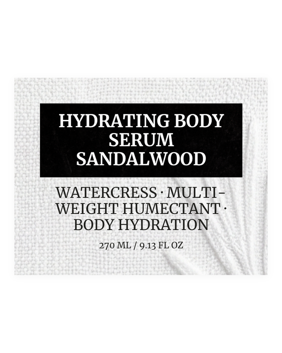 HYDRATING BODY SERUM SANDALWOOD product label, watercress, multi-weight humectant, body hydration, 270 ml / 9.13 fl oz
