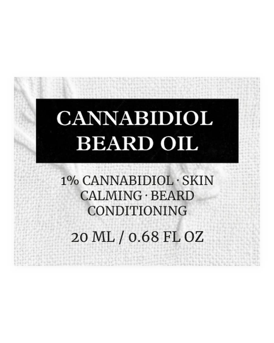 CANNABIDIOL BEARD OIL product label, 1% cannabidiol, skin calming, beard conditioning, 20 ml / 0.68 fl oz