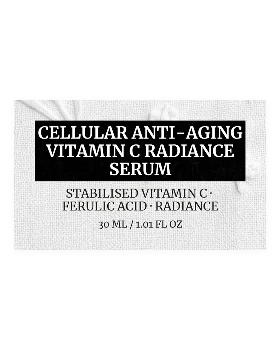 CELLULAR ANTI-AGING ASCORBYL GLUCOSIDE SERUM product label, stabilised vitamin C, ferulic acid, radiance, 30 ml / 1.01 fl oz