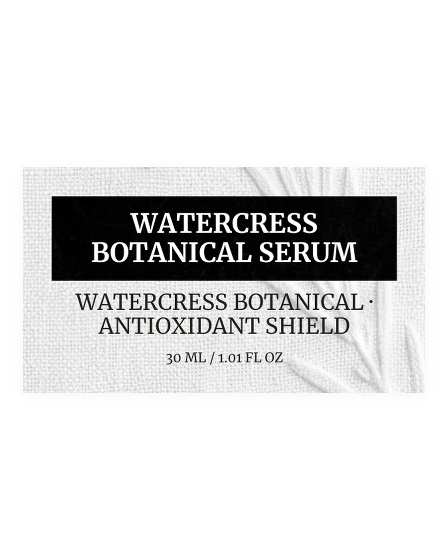 WATERCRESS BOTANICAL SERUM product label, watercress botanical, antioxidant shield, 30 ml / 1.01 fl oz