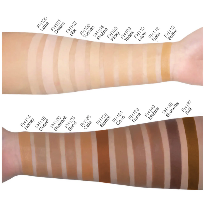 Two forearms swatched with the full Opuliss foundation shade range, each shade labelled