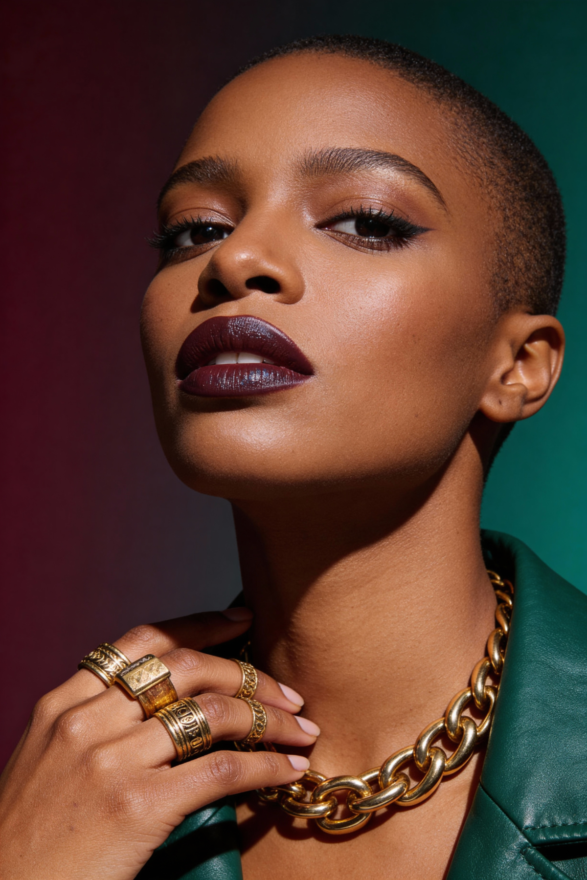 Portrait of a woman with a close crop, deep berry lip and gold chain against green