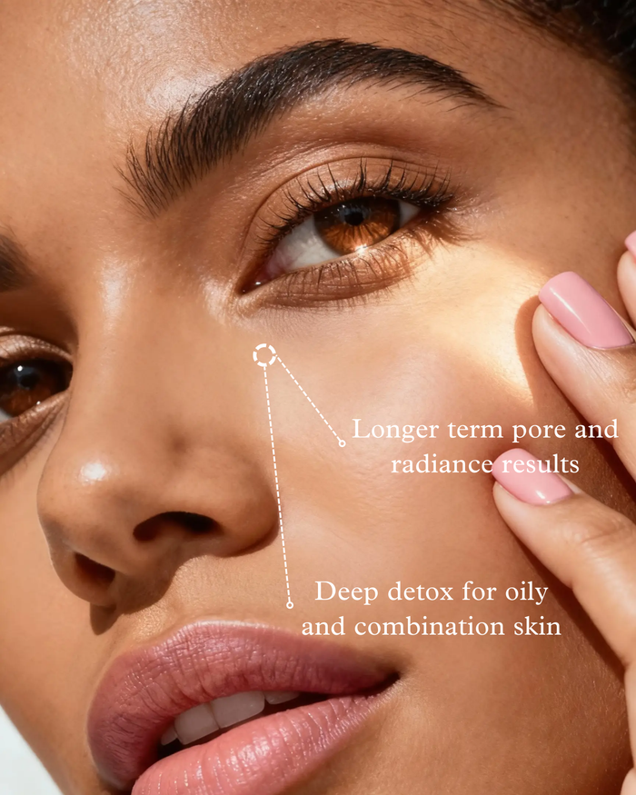 Close up of a face with callout lines describing pore, radiance and oil control results