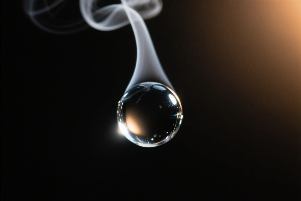 A single drop of clear water with a thin curl of steam rising from it, on a dark background