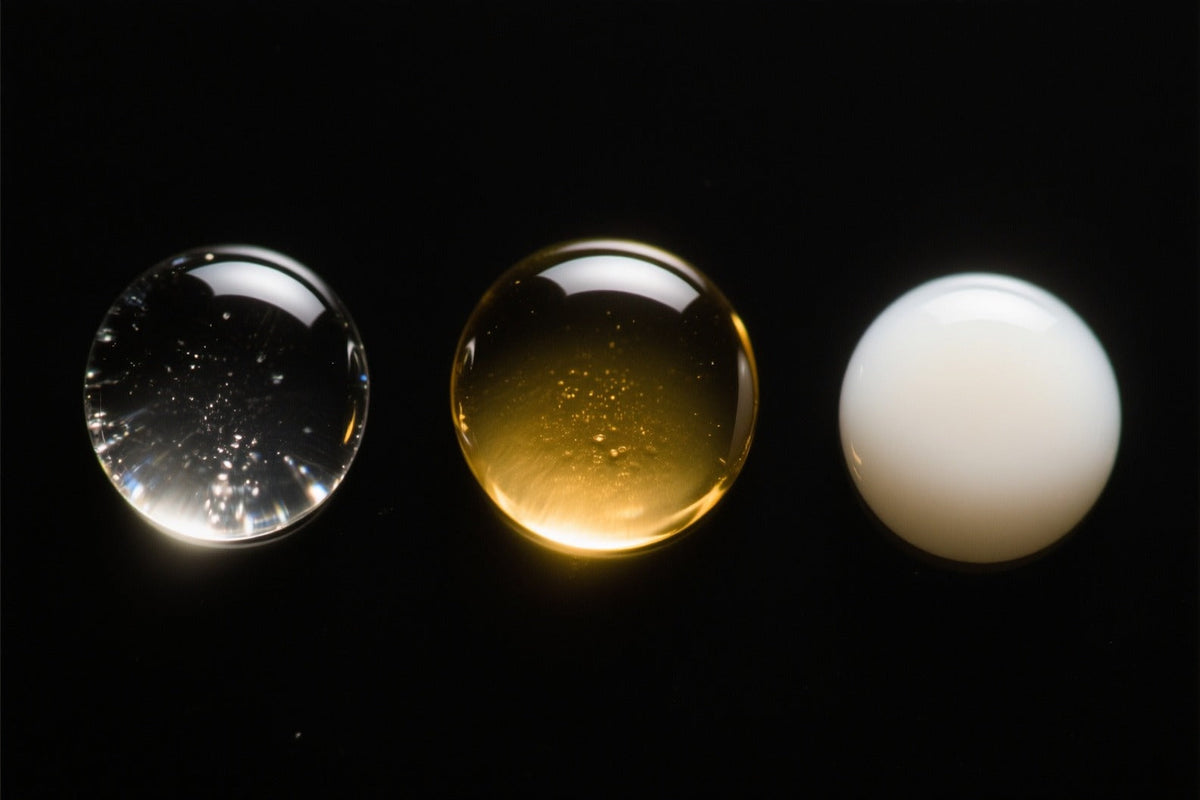 Three drops in a row on a dark background: a clear gel, a golden oil and a white lotion