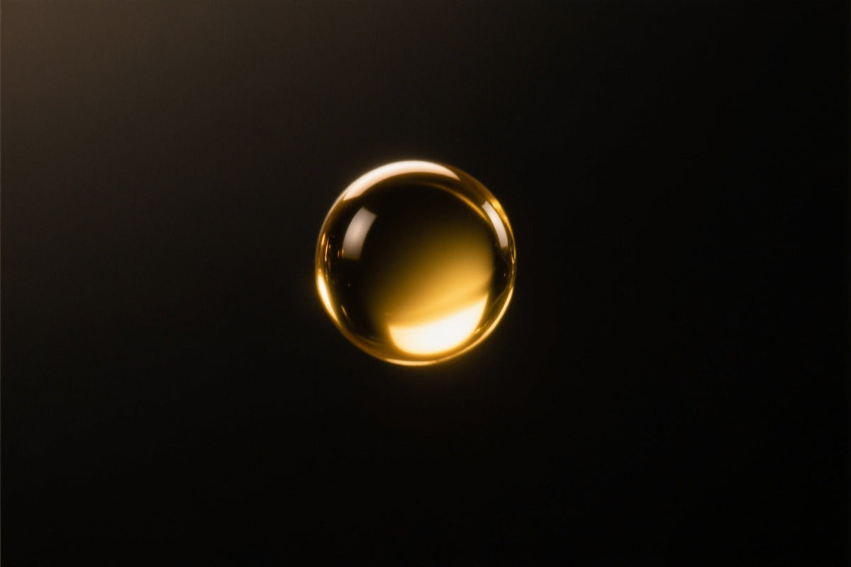 A single round bead of golden oil floating on a dark background