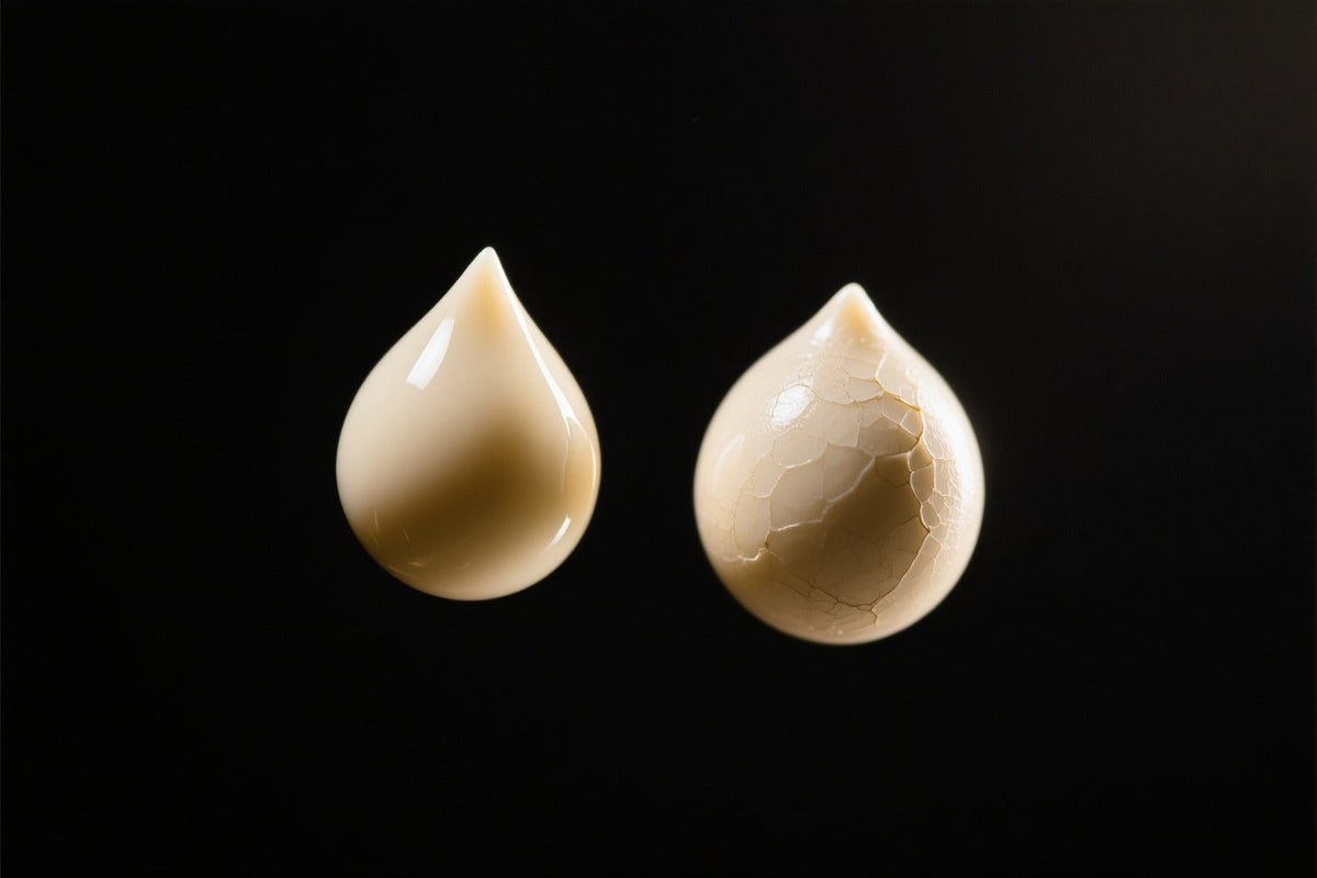 Two drops of ivory cream on a dark background, one smooth and glossy, one with a fine dry crackle