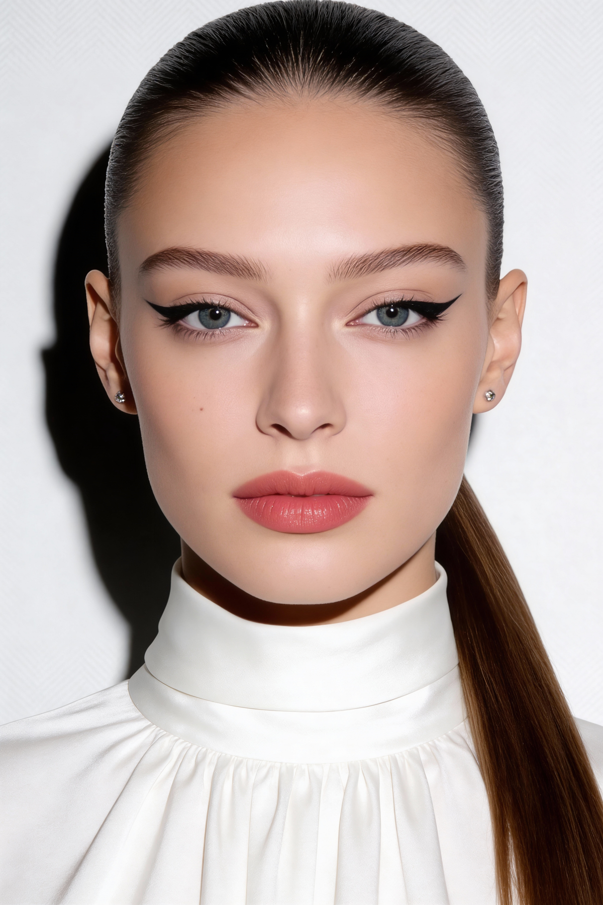 Model with a sleek ponytail and winged eyeliner