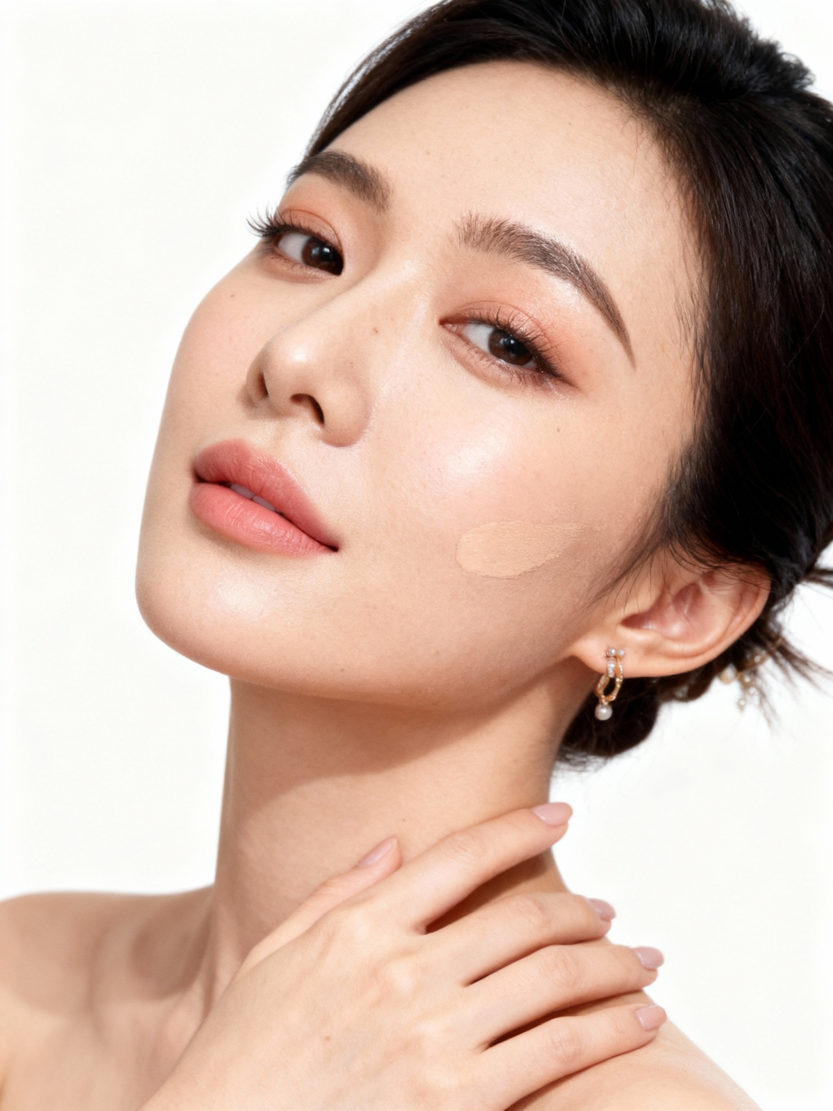 Model with Opuliss concealer swatched on the cheek before blending