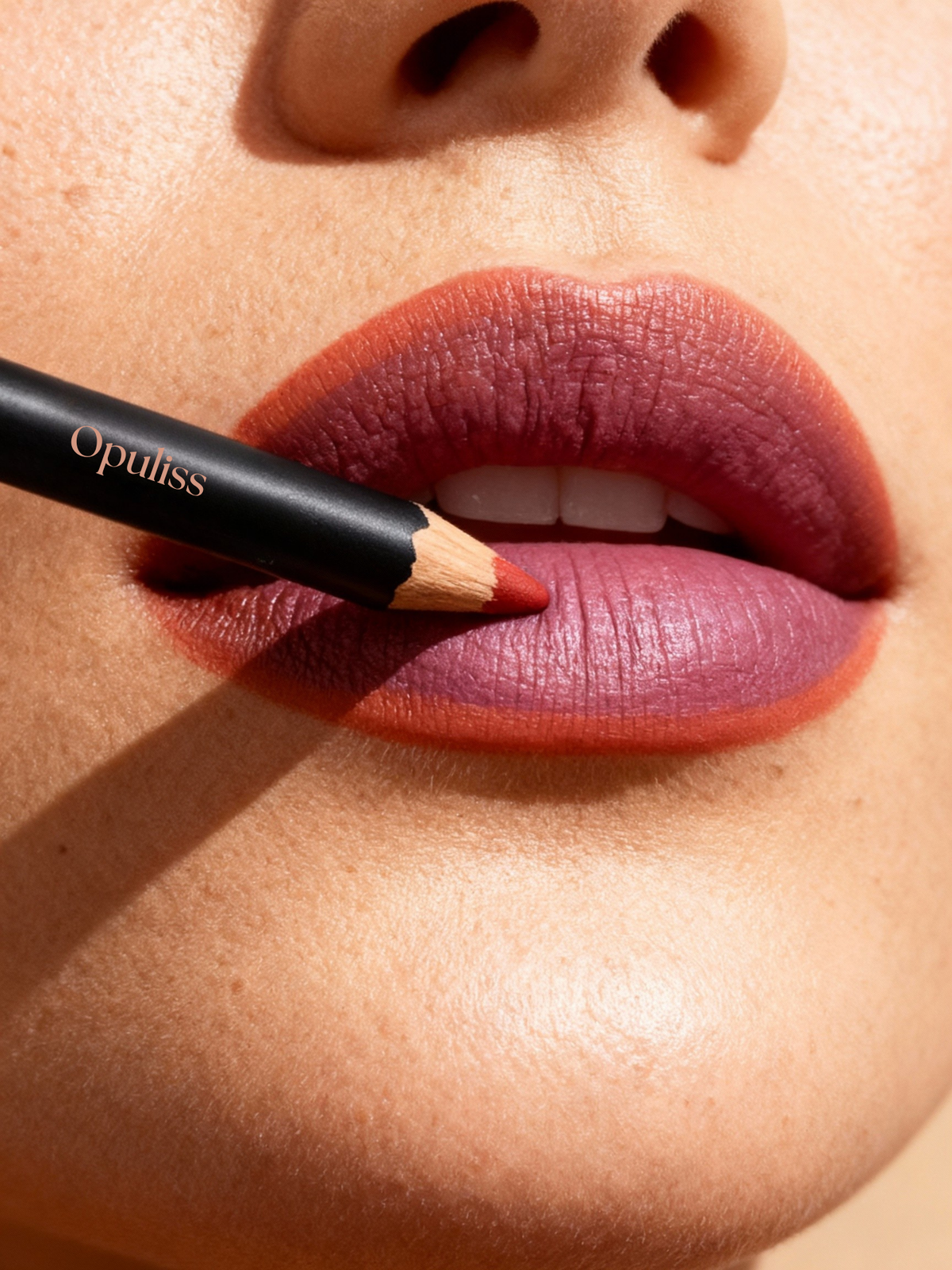 Opuliss lip liner pencil drawn along the lip line, close up