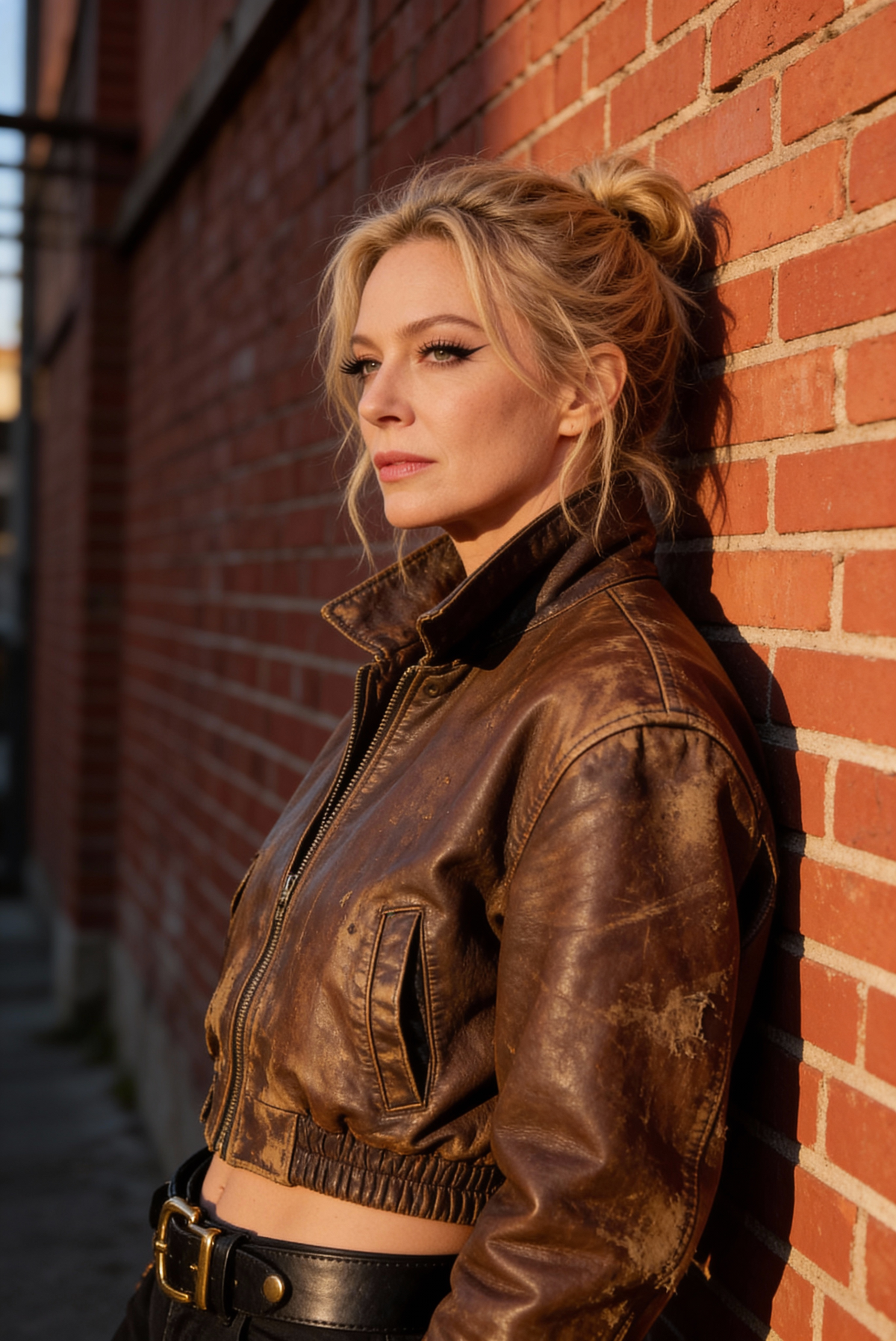 Woman in a brown leather jacket leaning against a red brick wall