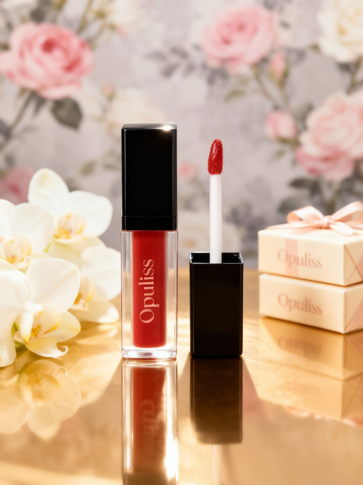 Opuliss red lip stain bottle beside roses and gift boxes