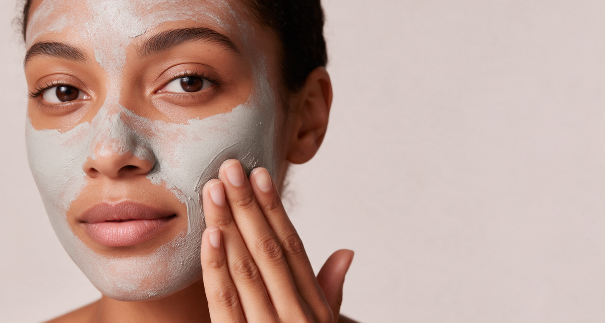 A woman applying a clay treatment mask to her face against a soft studio backdrop