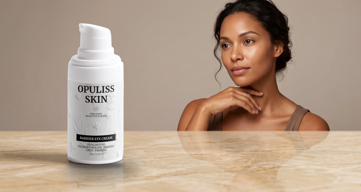 A woman with her hand near her jaw beside the Opuliss Skin Barrier Eye Cream on a marble table