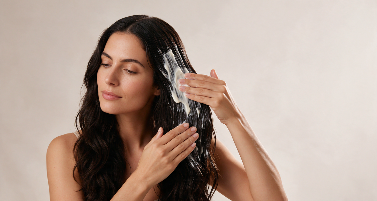 A woman working a hair mask through the lengths of her hair against a soft studio backdrop