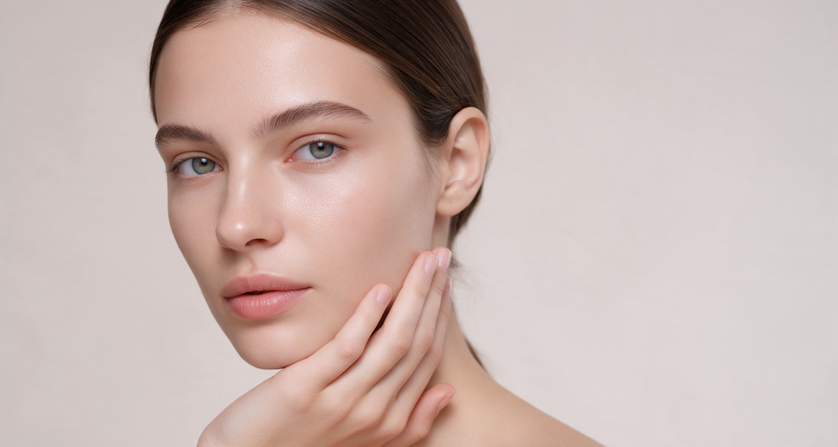 Close portrait of a woman with a fresh, balanced complexion against a soft studio backdrop