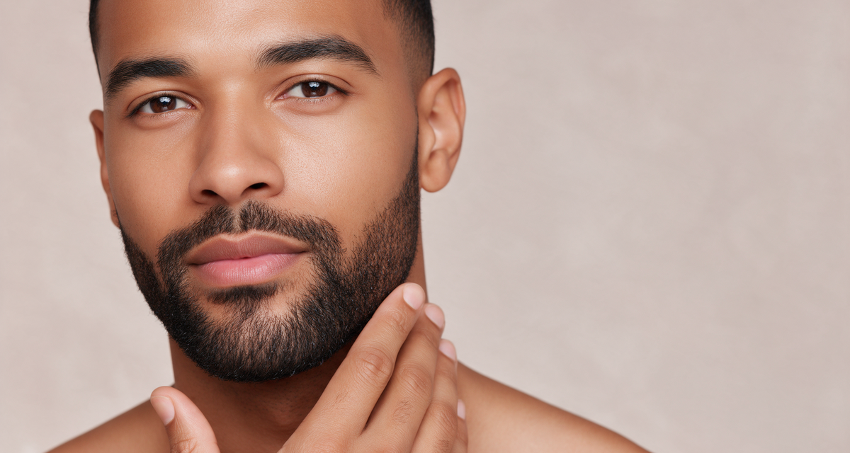 Close portrait of a bearded man with well-groomed skin against a soft studio backdrop