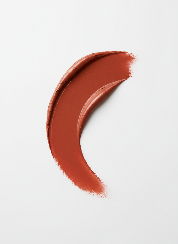 Terracotta red lipstick swatched in a thick curved stroke on white
