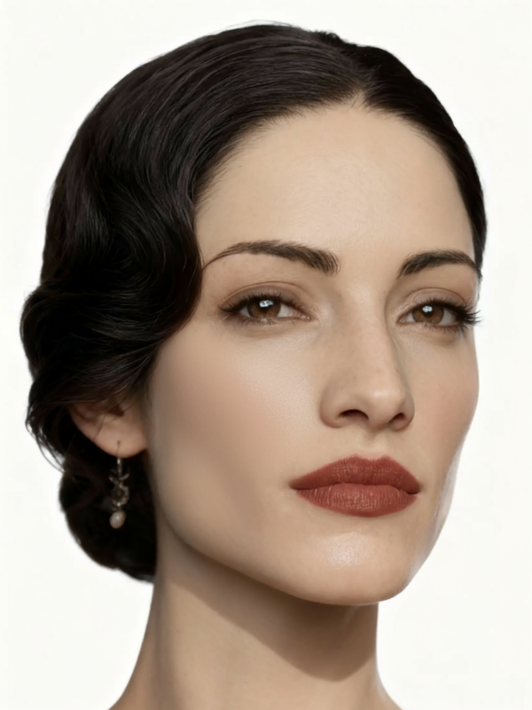 Model with vintage finger waves wearing the Plum Wine beeswax lipstick