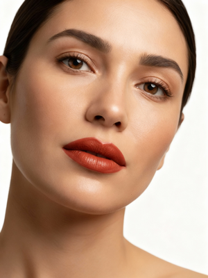 Model portrait wearing the everyday red beeswax lipstick, bare shoulder