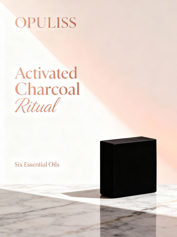 Opuliss Activated Charcoal Ritual packaging on a marble surface with a soft pink background