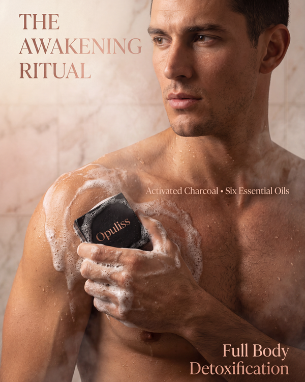 Man applying Opuliss product to his shoulder with a textured background