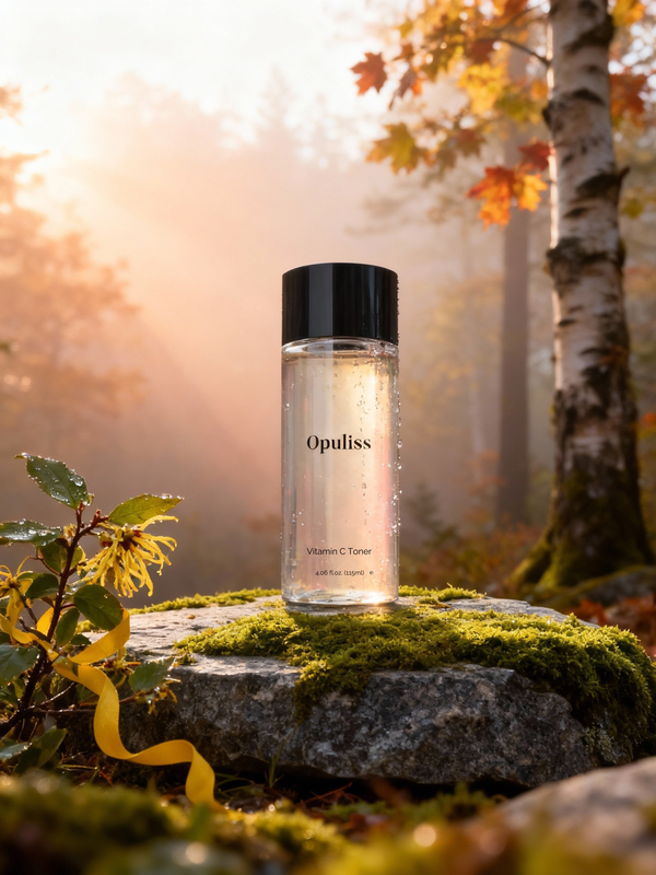 Opuliss bottle on a rock with autumn foliage in the background