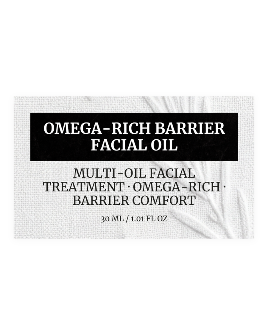 OMEGA-RICH BARRIER FACIAL OIL product label, multi-oil facial treatment, omega-rich, barrier comfort, 30 ml / 1.01 fl oz