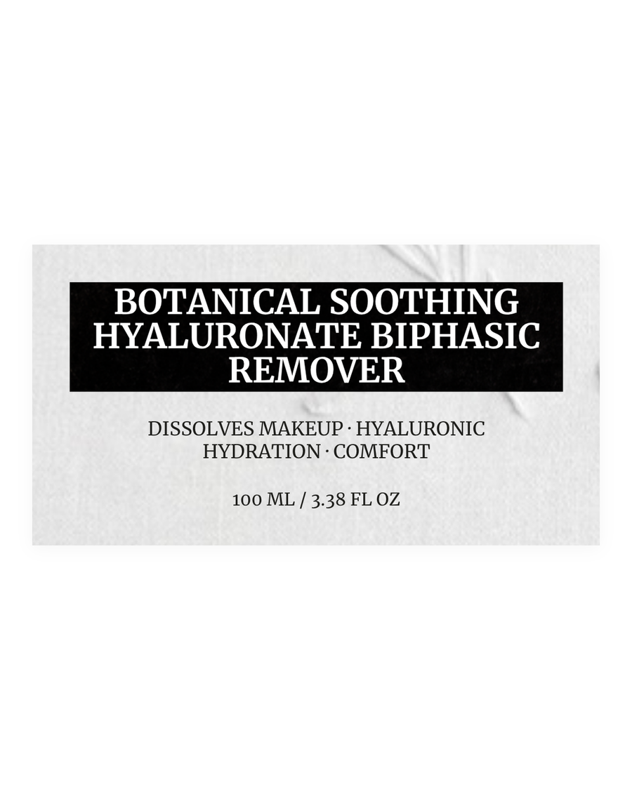 BOTANICAL SOOTHING HYALURONATE BIPHASIC REMOVER product label, dissolves makeup, hyaluronic hydration, comfort, 100 ml / 3.38 fl oz