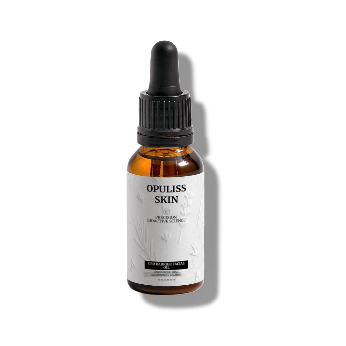 CBD BARRIER FACIAL OIL product bottle, front label, corrected wording