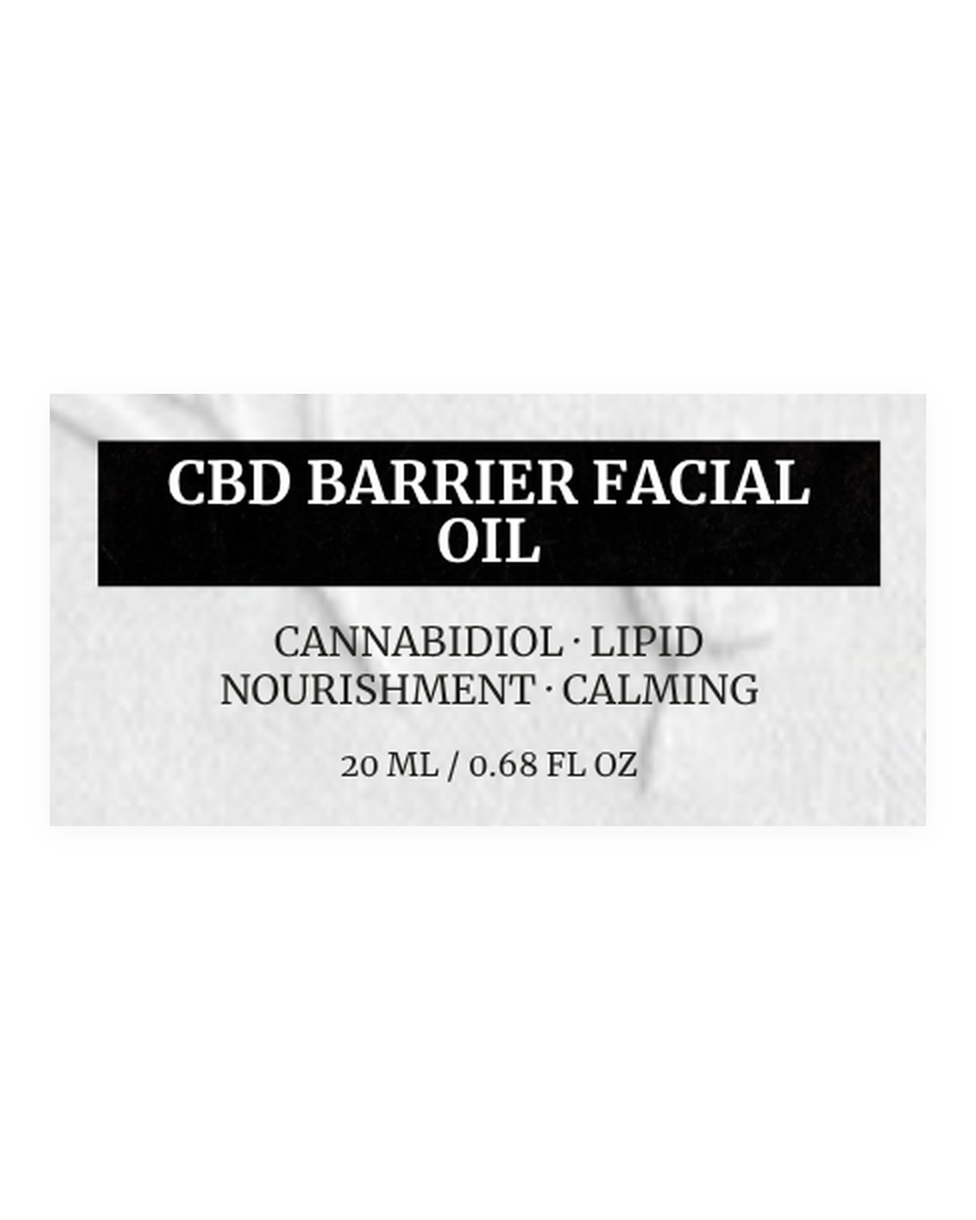 CBD BARRIER FACIAL OIL product label, cannabidiol, lipid nourishment, calming, 20 ml / 0.68 fl oz