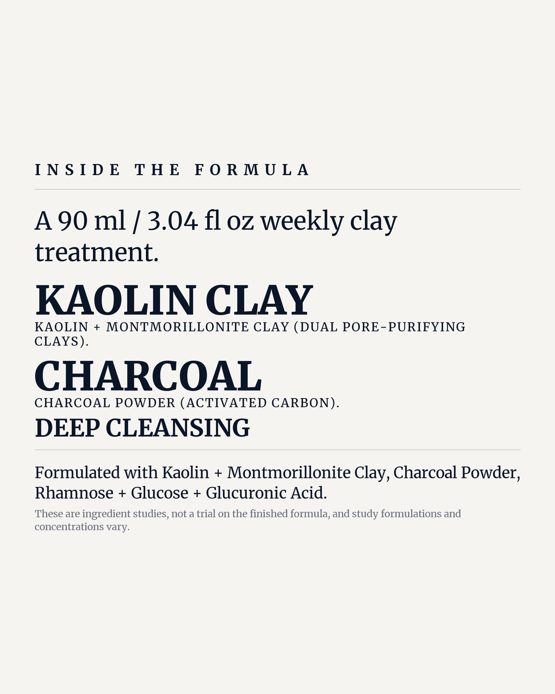 KAOLIN PURIFYING CLAY MASK potency panel, kaolin clay, charcoal, deep cleansing