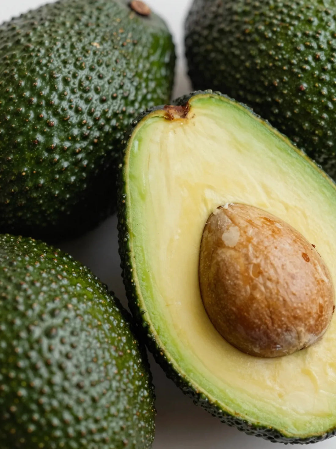 Whole ripe avocados, close botanical macro, natural skin and colour variation, HIGH GLOSS CONDITIONER