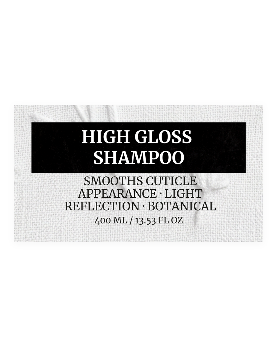 HIGH GLOSS SHAMPOO product label, smooths cuticle appearance, light reflection, botanical, 400 ml / 13.53 fl oz