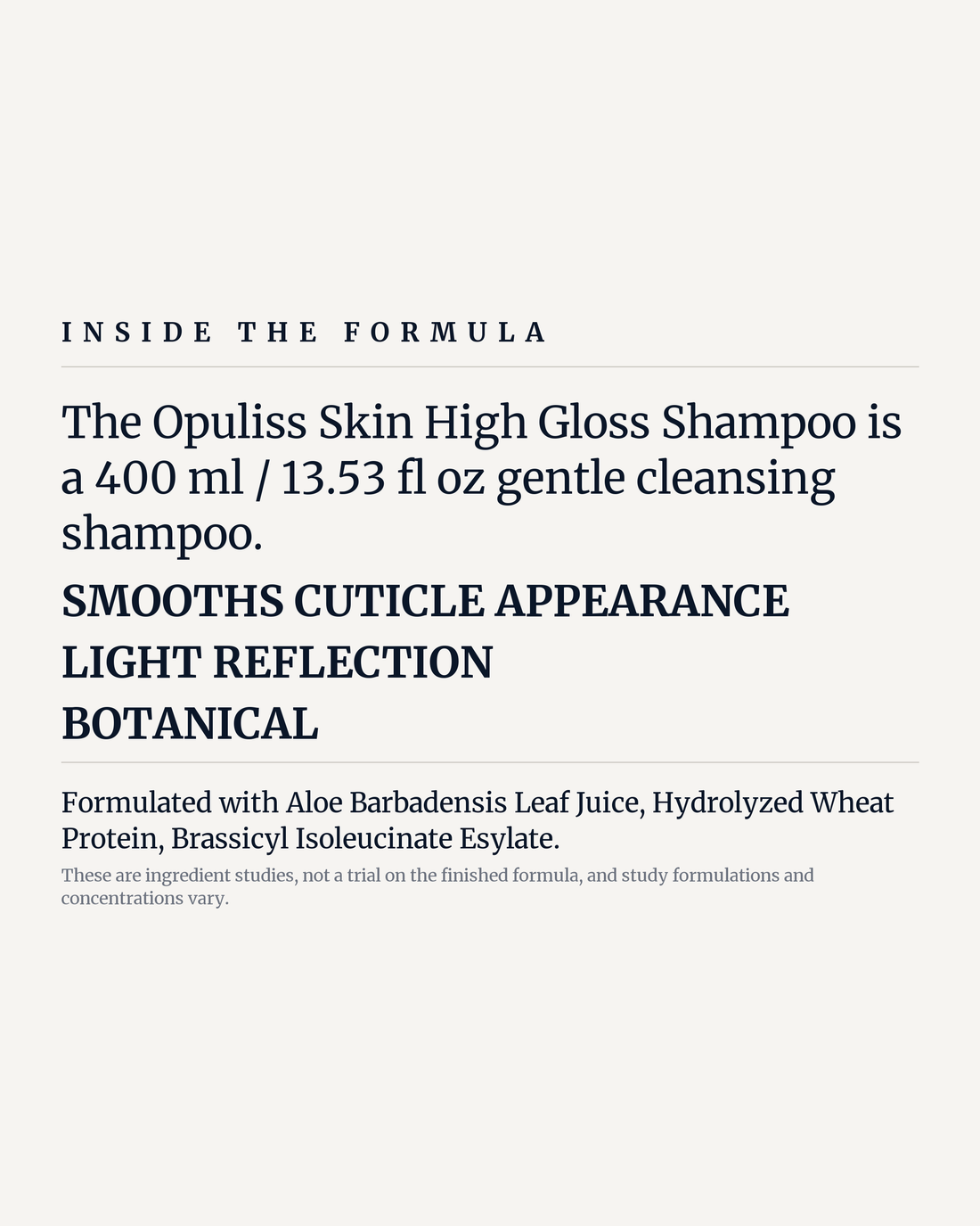 HIGH GLOSS SHAMPOO potency panel, smooths cuticle appearance, light reflection, botanical