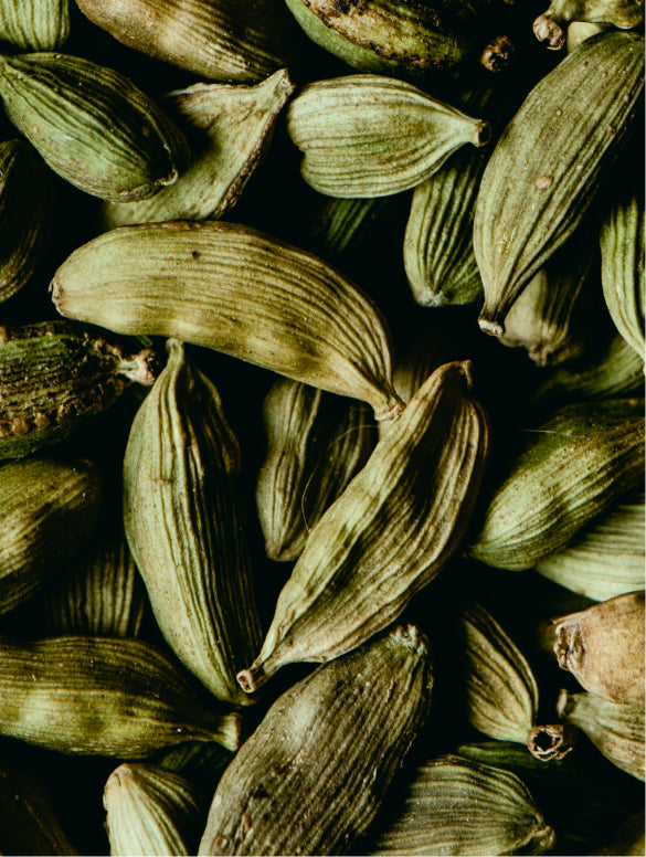 Green cardamom pods filling the frame, GINGER CARDAMOM BODY WASH
