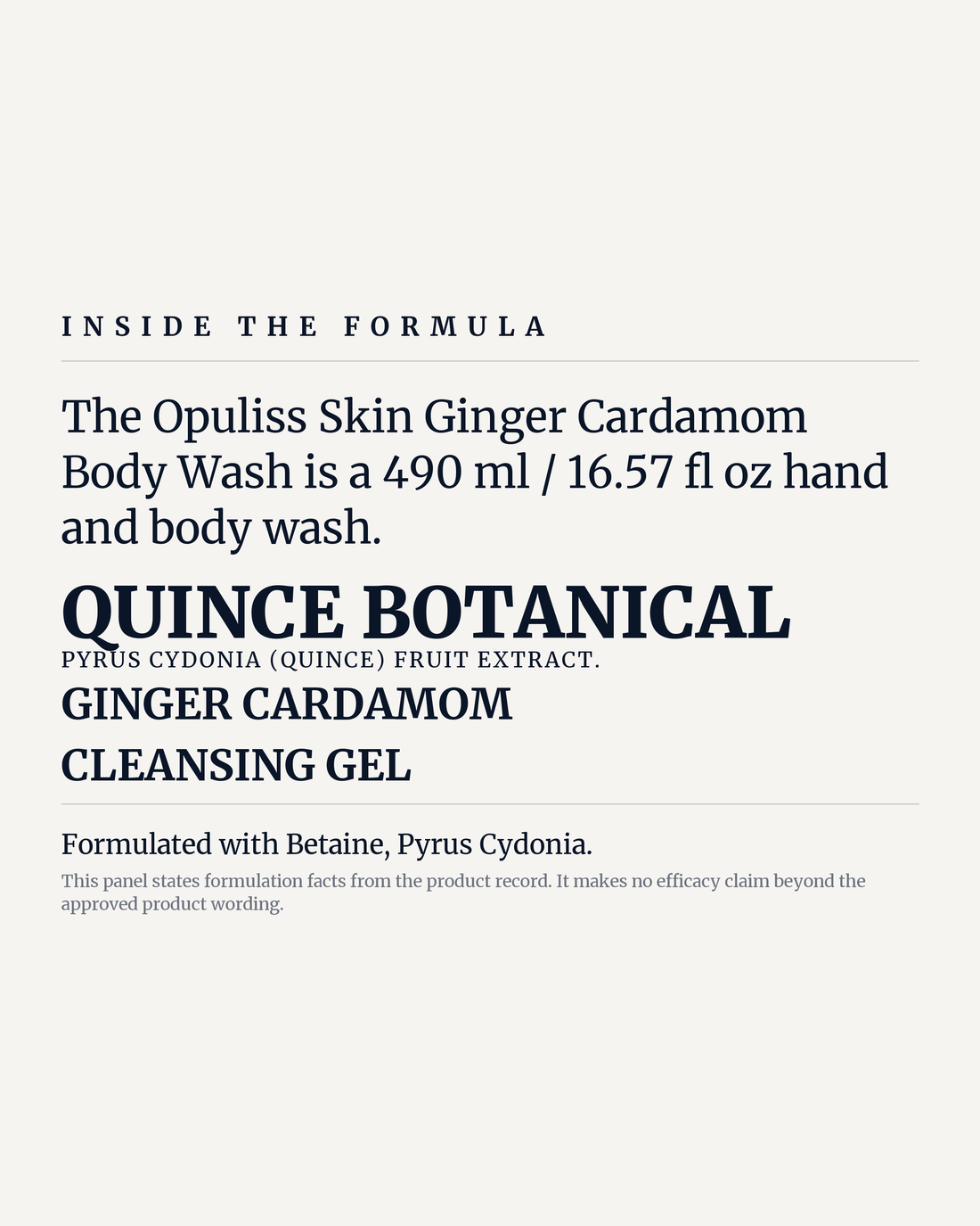 GINGER CARDAMOM BODY WASH potency panel, quince botanical, ginger cardamom, cleansing gel