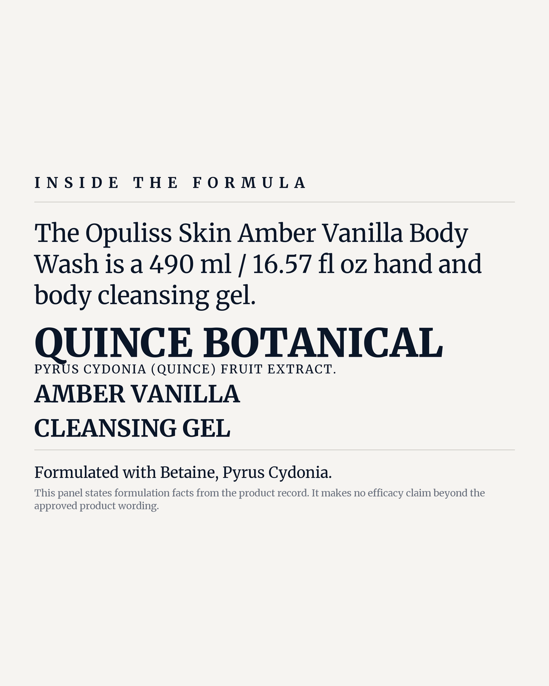 AMBER VANILLA BODY WASH potency panel, quince botanical, amber vanilla, cleansing gel