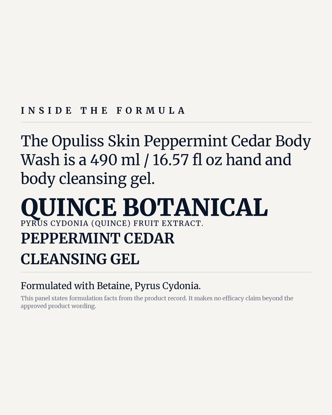 PEPPERMINT CEDAR BODY WASH potency panel, quince botanical, peppermint cedar, cleansing gel