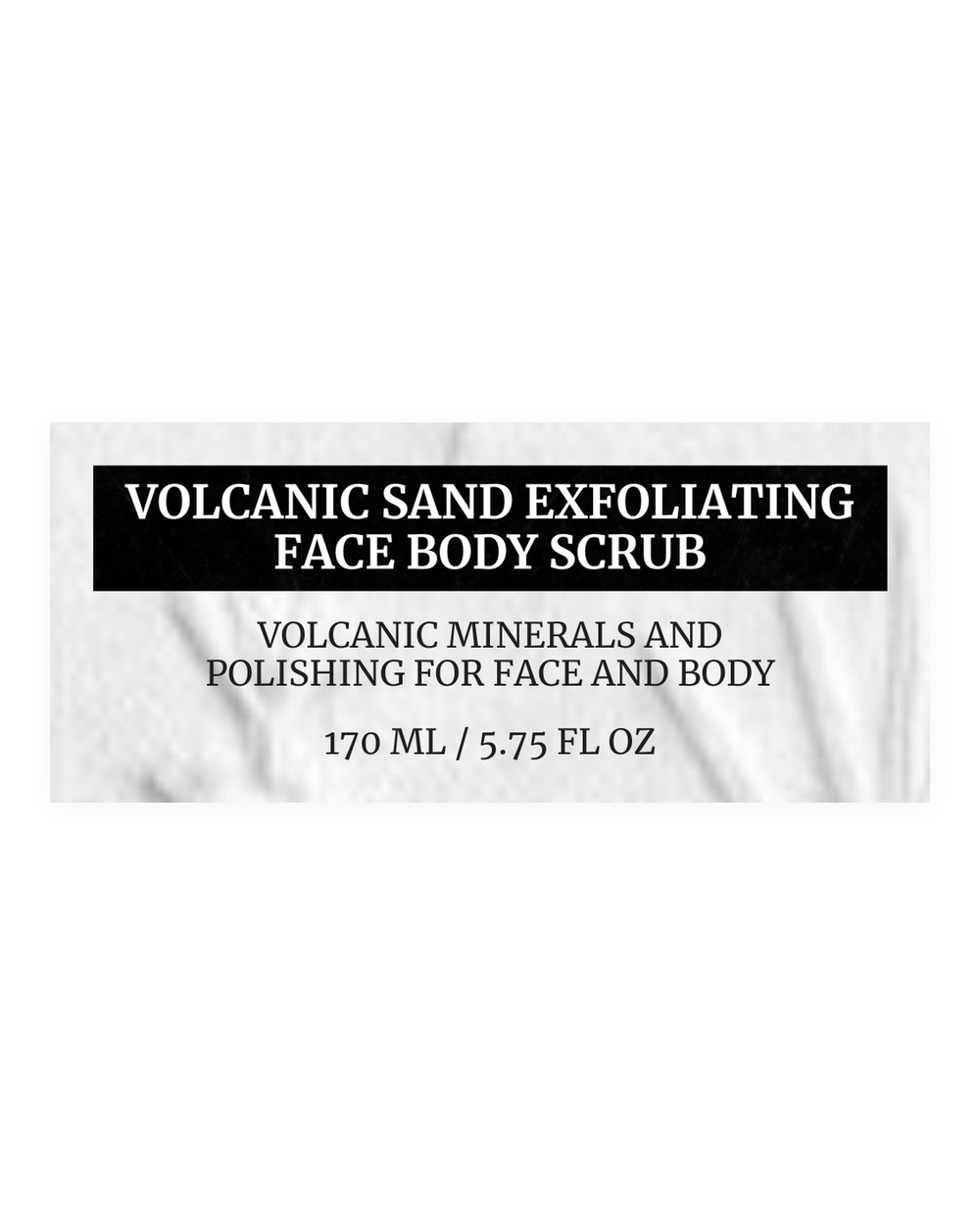 VOLCANIC SAND EXFOLIATING FACE BODY SCRUB product bottle, front label, corrected wording