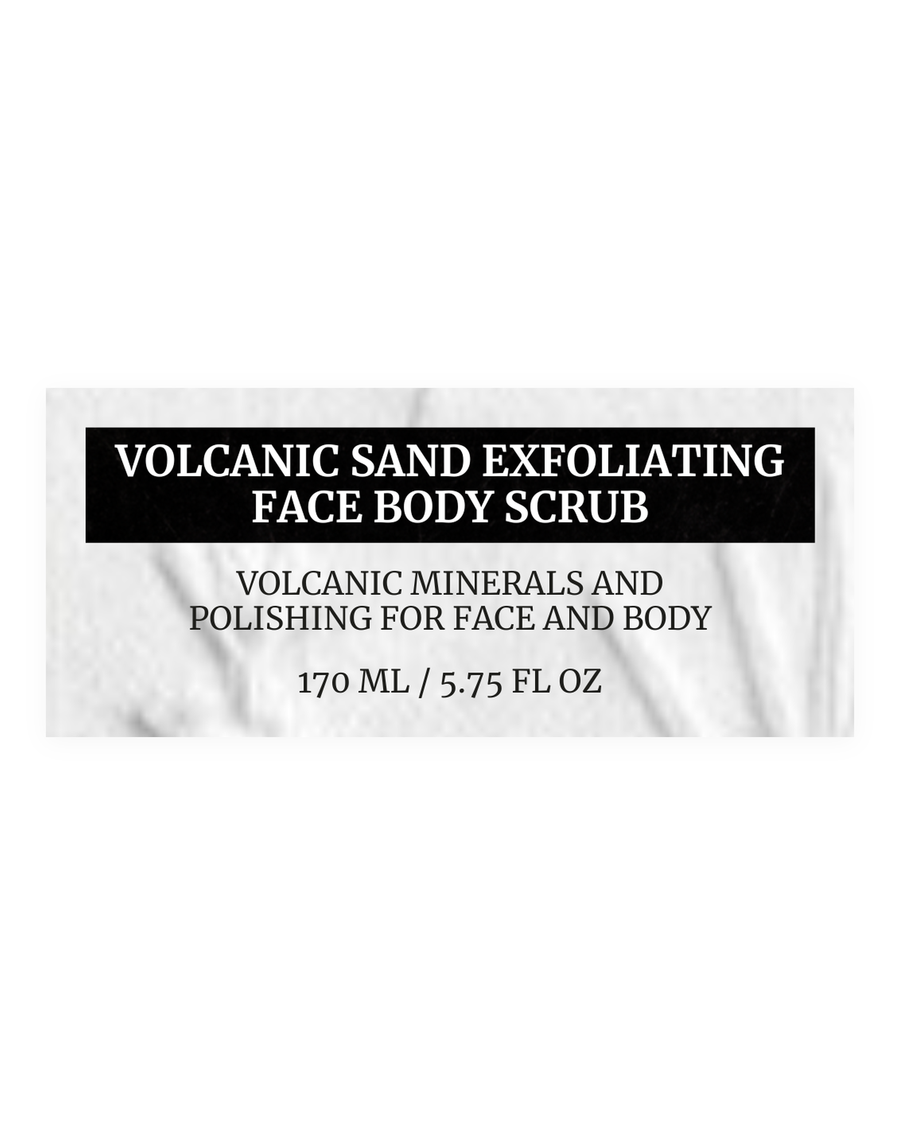 VOLCANIC SAND EXFOLIATING FACE BODY SCRUB product label, volcanic minerals, polishing, face and body, 170 ml / 5.75 fl oz